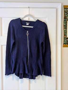 VENUS Ribbed Zip Front Peplum Sweater Navy Blue Size L - CB